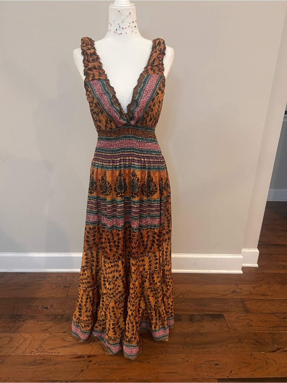 Etc. Silk Blend Boho Maxi Dress with Rust Floral Print